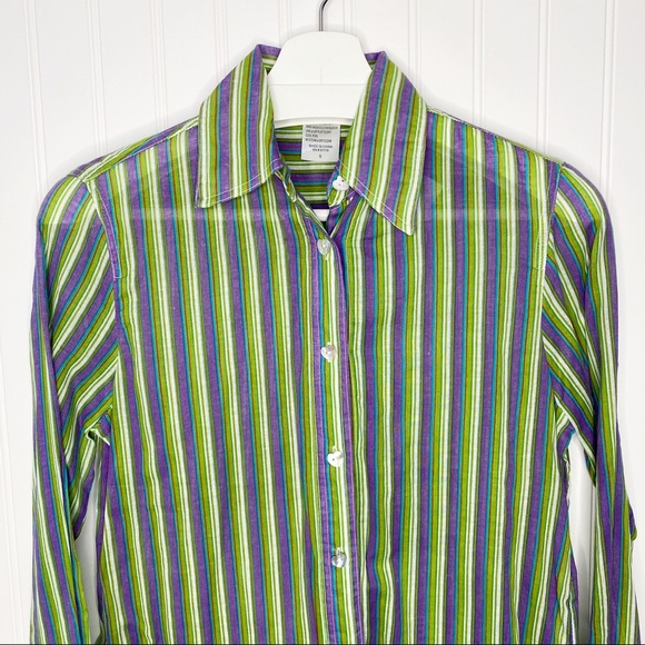 NEW SAM TY 100% Cotton Green/Purple Striped Button Down Top S - Picture 2 of 8